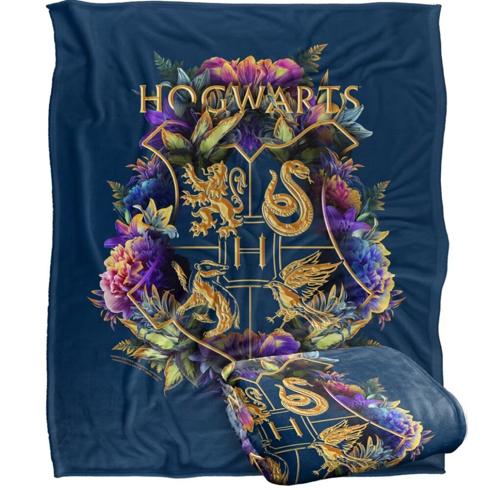 Harry Potter Hogwarts Multi-Colored Floral Crest Throw Blanket - 53" x 34" NWT